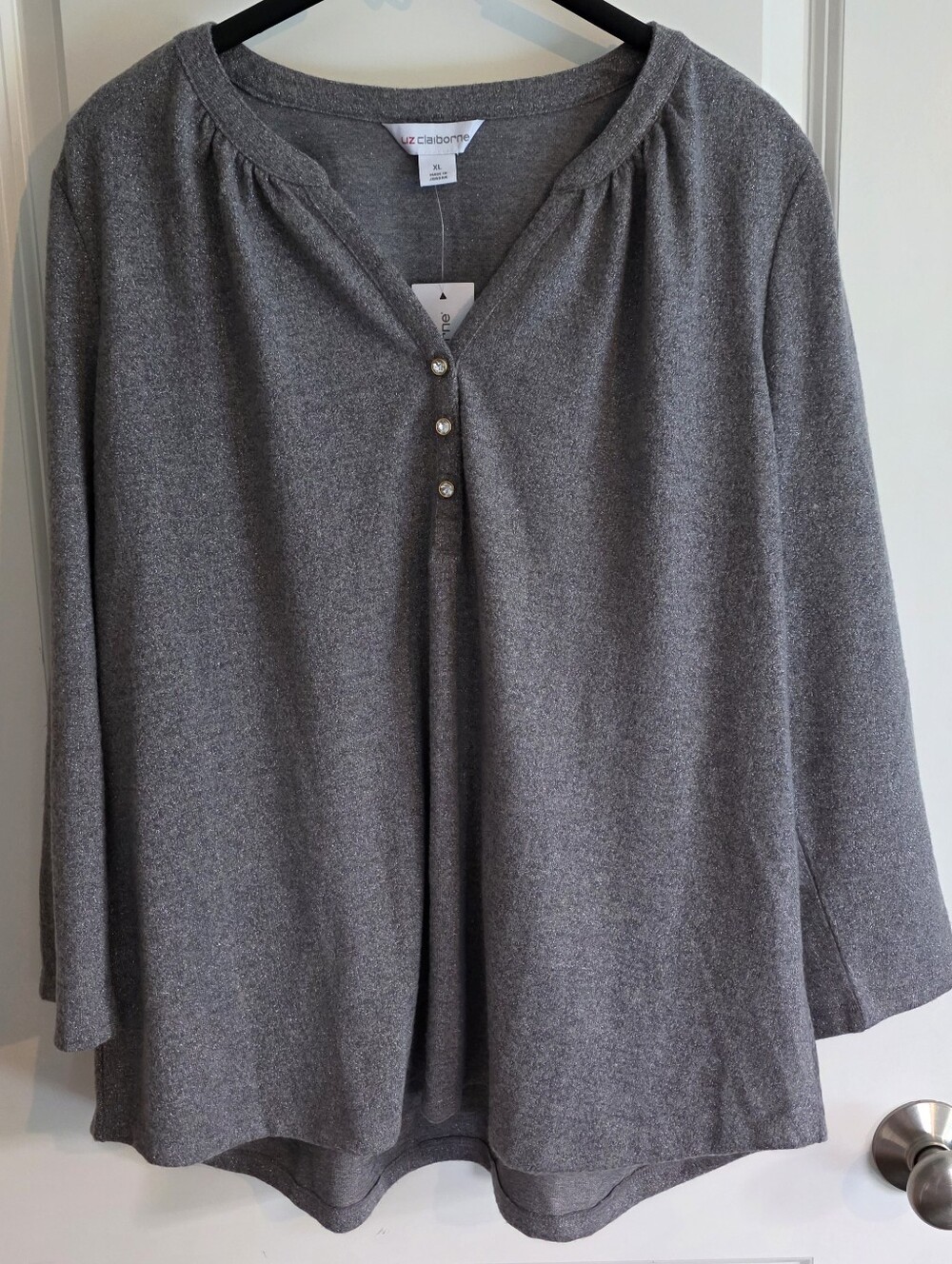Heathered Gray Metallic Buttoned 3/4 Long Sleeve Top Jewel Gem Detail NWT
